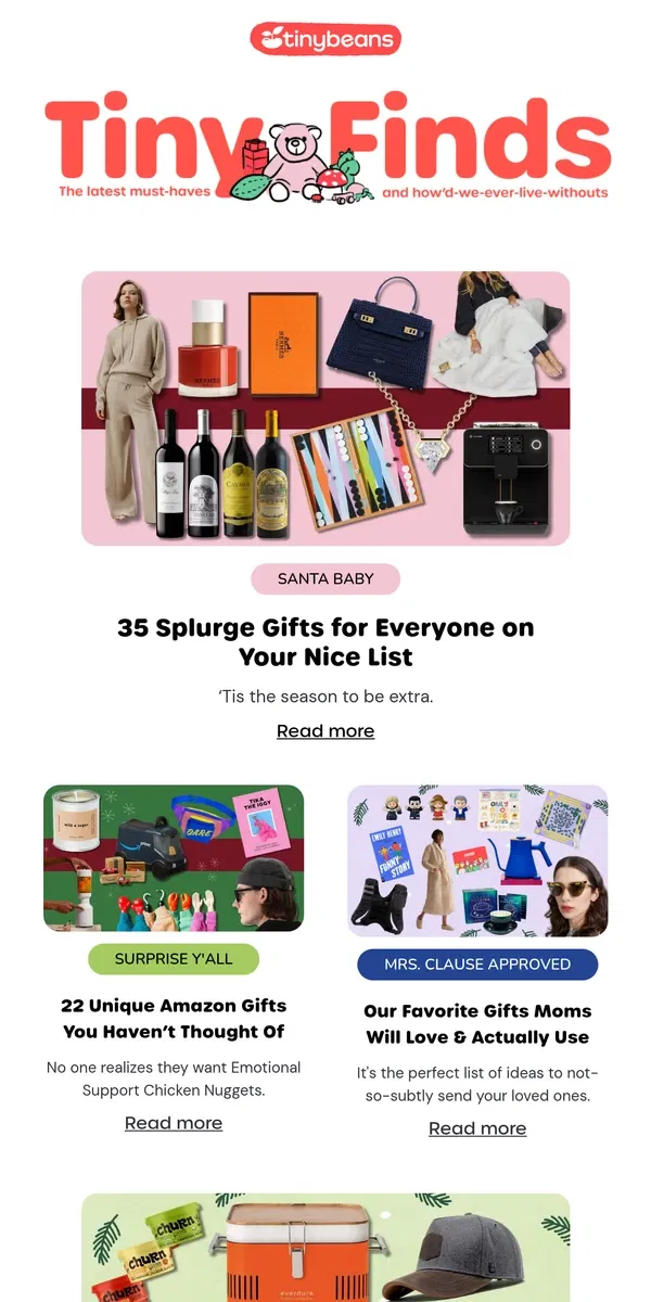 Email from Tinybeans. Splurge Gifts for Everyone on Your Nice List