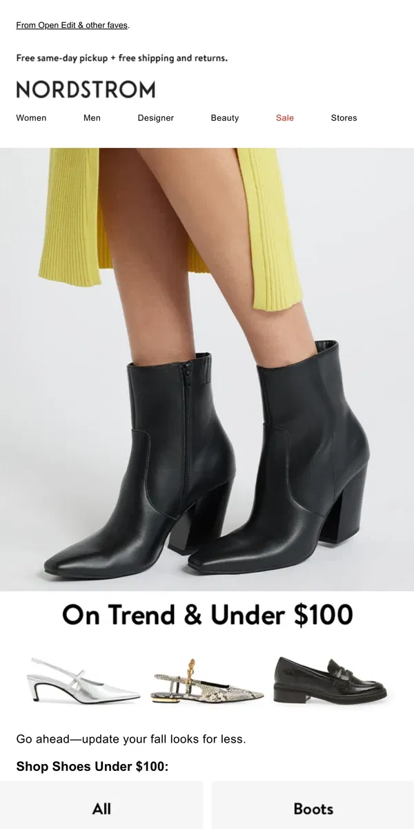 Email from Nordstrom. Under $100: boots, pumps, flats & more