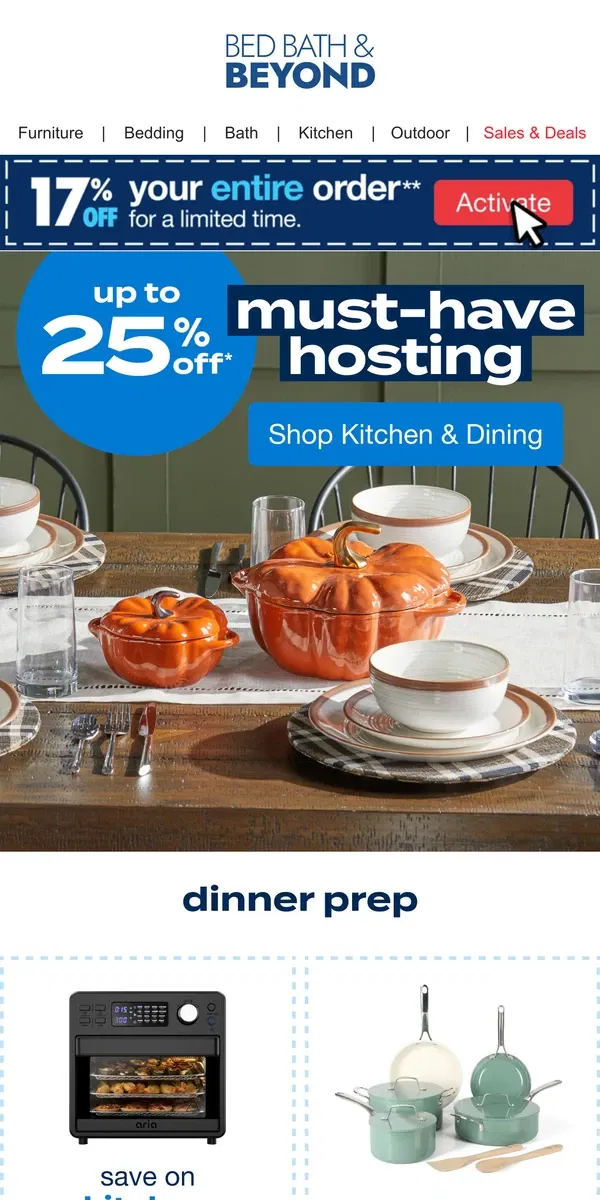 Email from Bed Bath & Beyond. Up to 25% off the BEST of Fall Hosting 🦃🍂