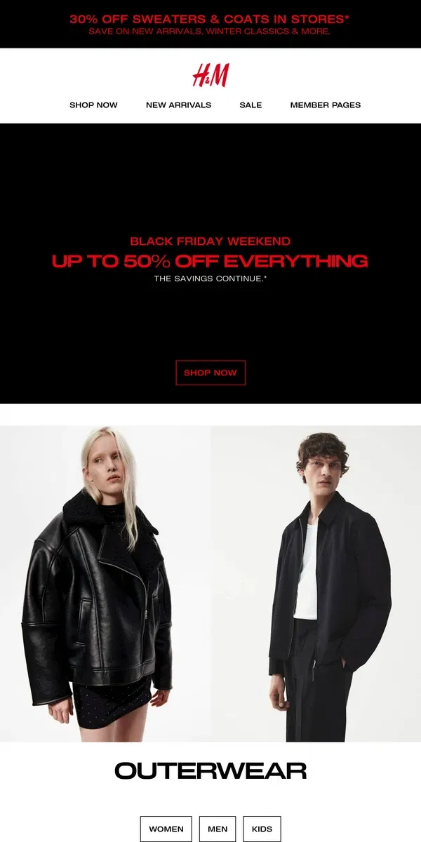 Email from H&M. Up to 50% off everything all weekend!