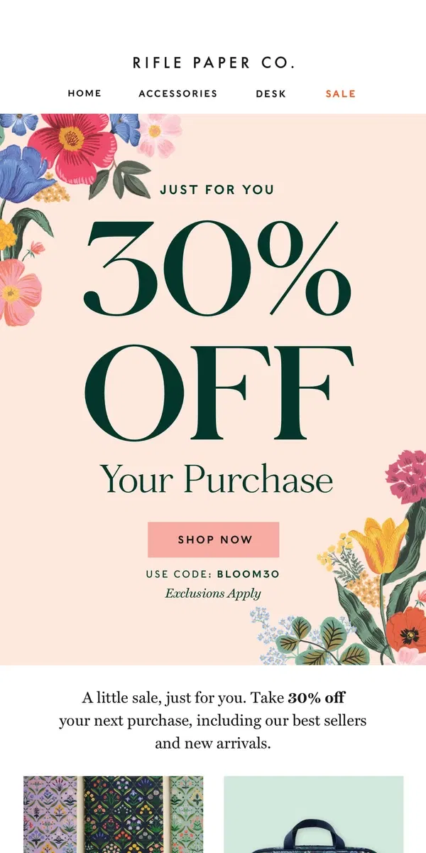 Email from Rifle Paper Co.. Exclusive Offer: 30% Off Just For You 🌸