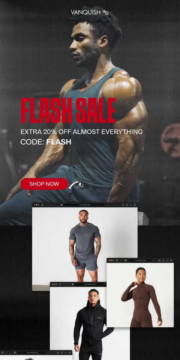 Email from Vanquish Fitness. EXTRA 20% OFF ALMOST EVERYTHING.