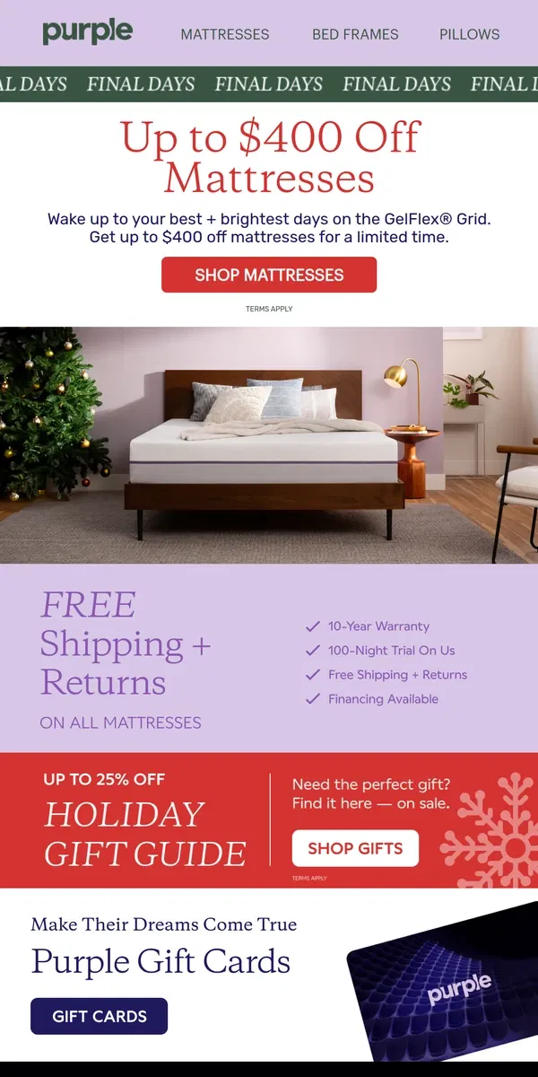 Email from Purple. Don’t Wait - Up to $400 Off Mattresses