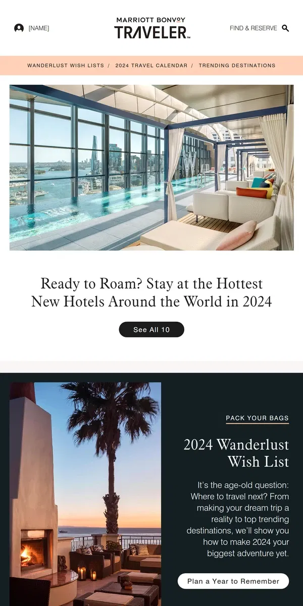 Email from Marriott Bonvoy. [Name], Your 2024 Month-By-Month Travel Guide