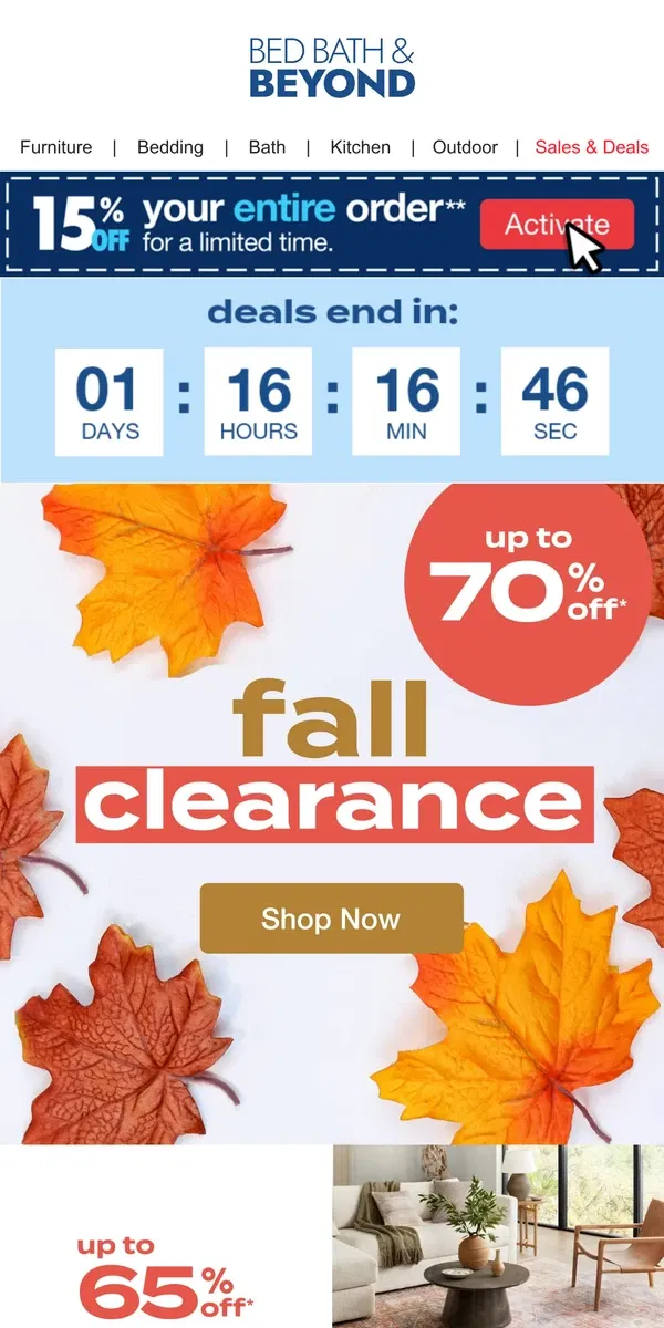 Email from Bed Bath & Beyond. Ending Soon: Up to 70% Off at the Fall Clearance Event 🍂