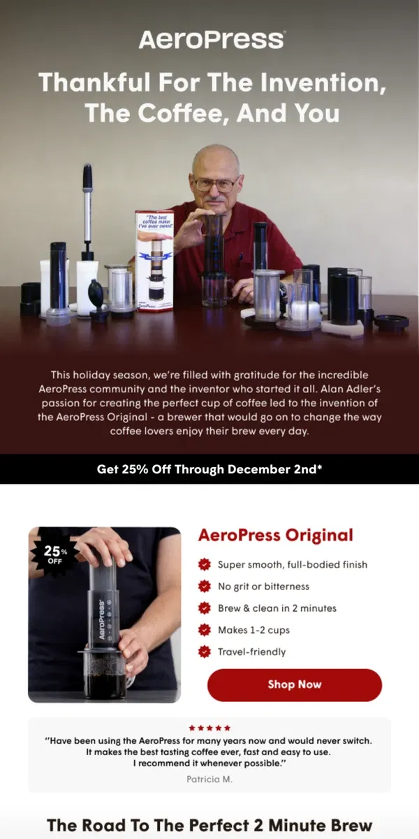 Email from AeroPress. Thanking You With 25% Off 😍