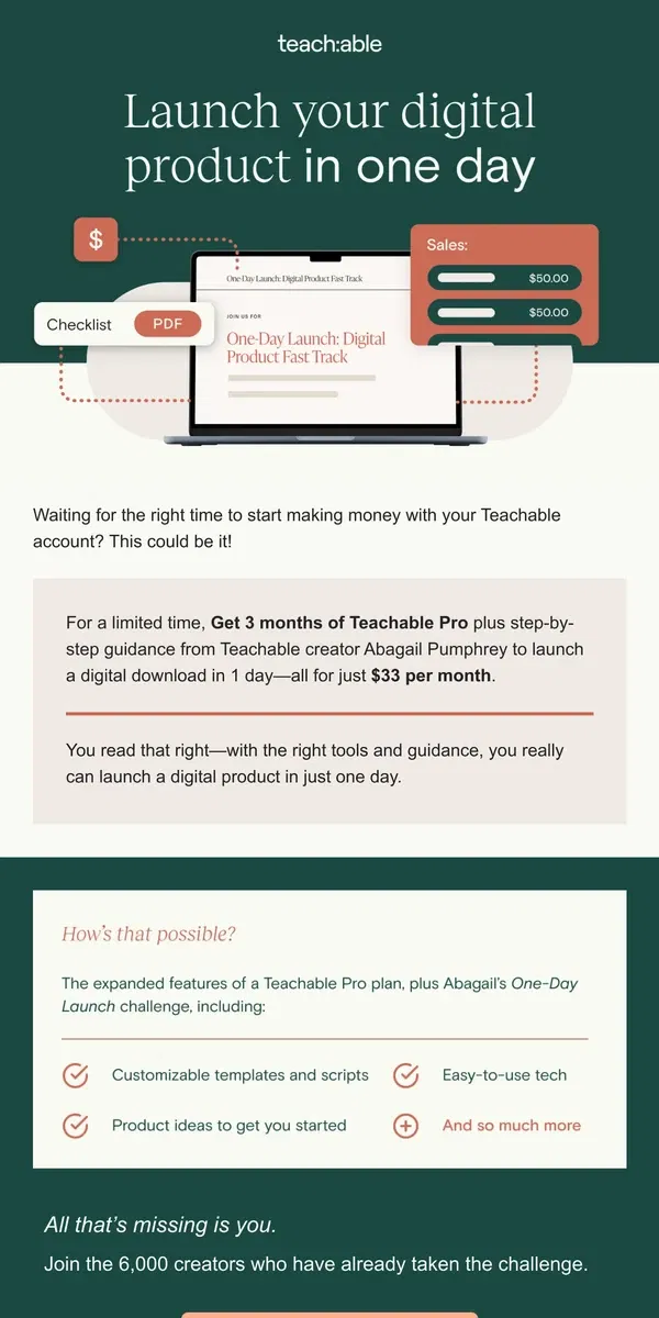 Email from Teachable. From zero to launch in 1 day! 🚀