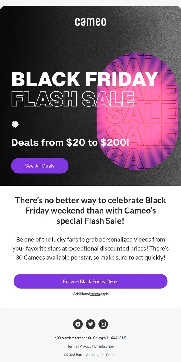 Email from Cameo. Black Friday: Exclusive Cameo Flash Sale Deals!