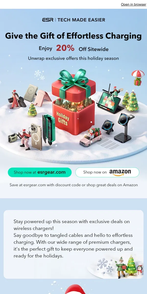 Email from ESR. Stay Charged This Holiday with Wireless Chargers 🎁