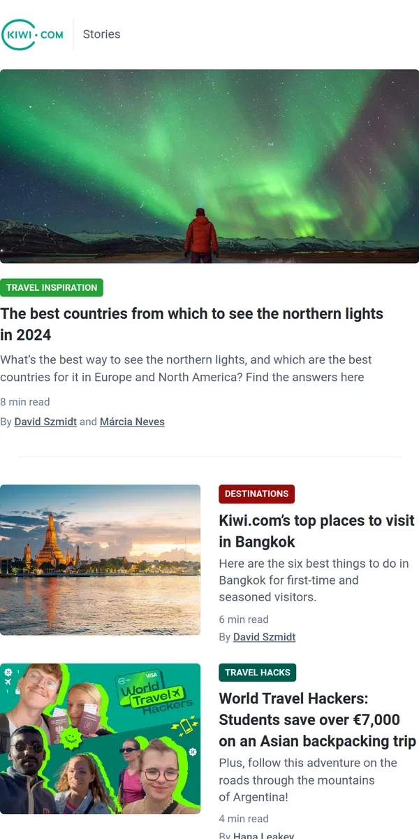 Email from Kiwi.com. Now is the best time to see the northern lights! 🤩