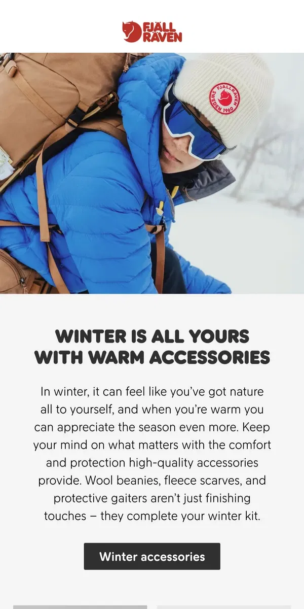 Email from Fjällräven. Complete winter kits prioritise accessories