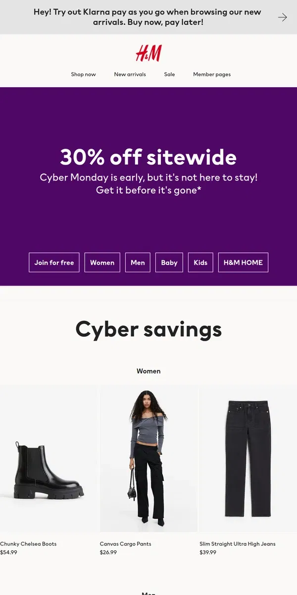 Email from H&M. 30% off for Cyber Sunday!