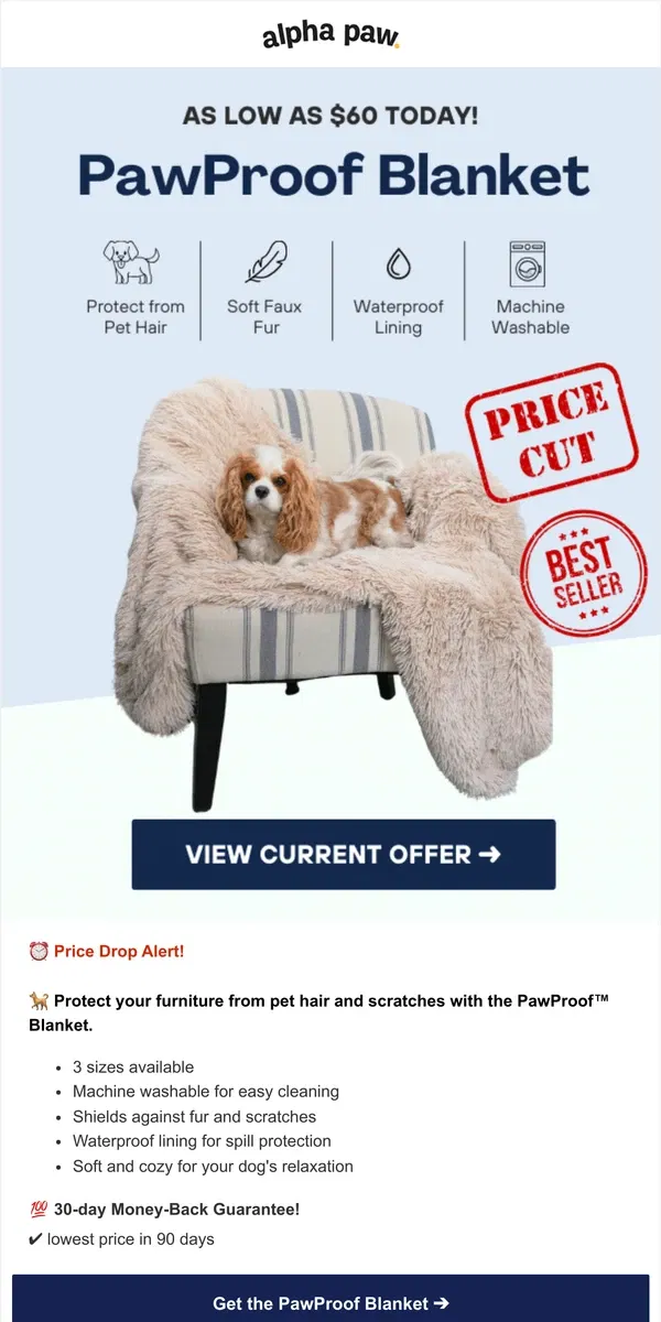 Email from Alpha Paw. ✂️ Price Cut on the PawProof™ Blanket!