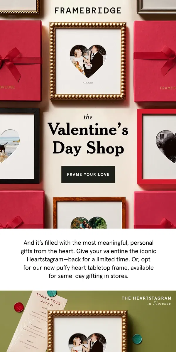 Email from Framebridge. The Valentine’s Day Shop is open!