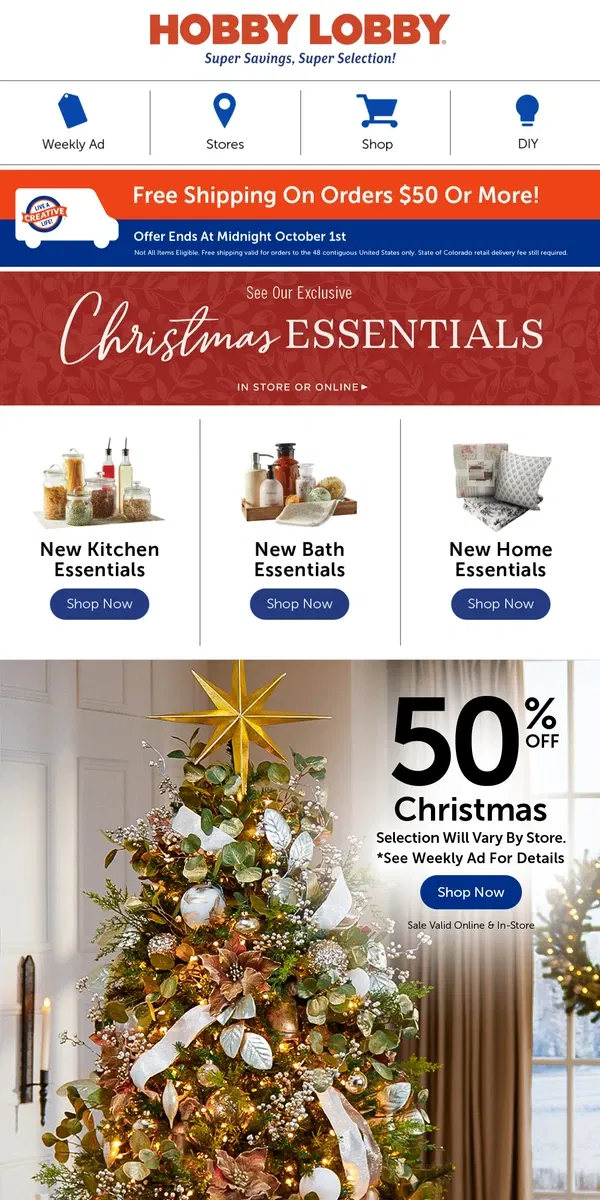 Email from Hobby Lobby. Deck The Halls – 50% Off Christmas