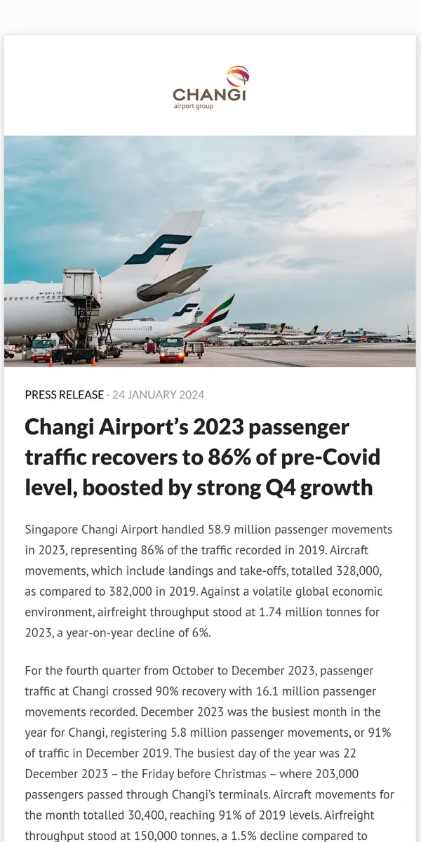 Email from Changi Airport. Changi Airport’s 2023 passenger traffic recovers to 86% of pre-Covid level, boosted by strong Q4 growth