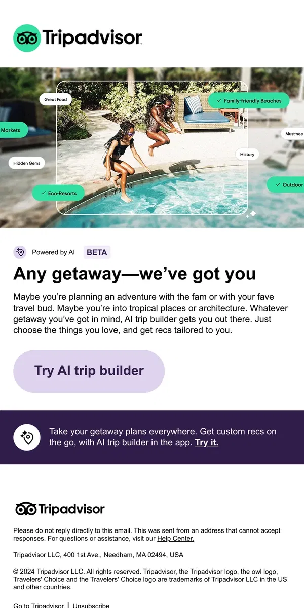 Email from Tripadvisor. Plan any type of getaway—in no time