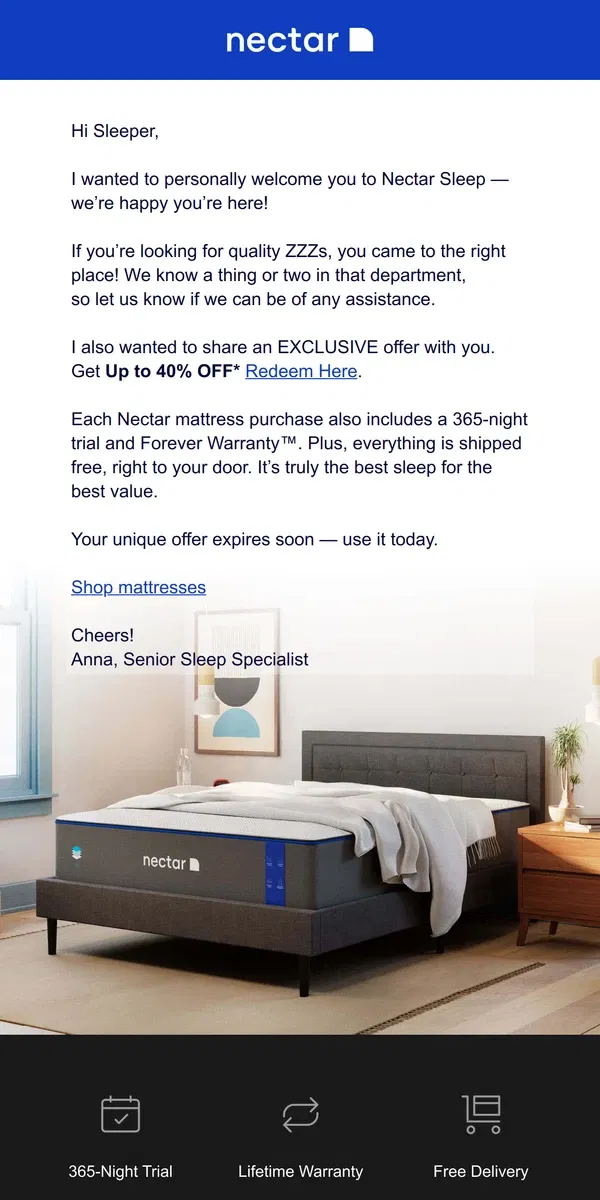 Email from Nectar. Our sleep specialist has a discount for you