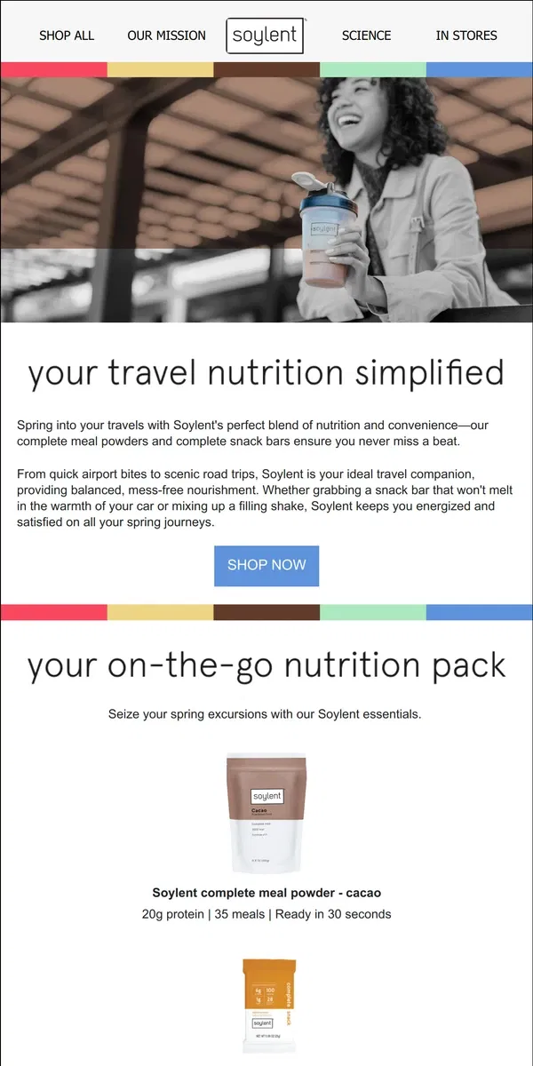 Email from Soylent. pack light, eat right: Soylent's travel essentials