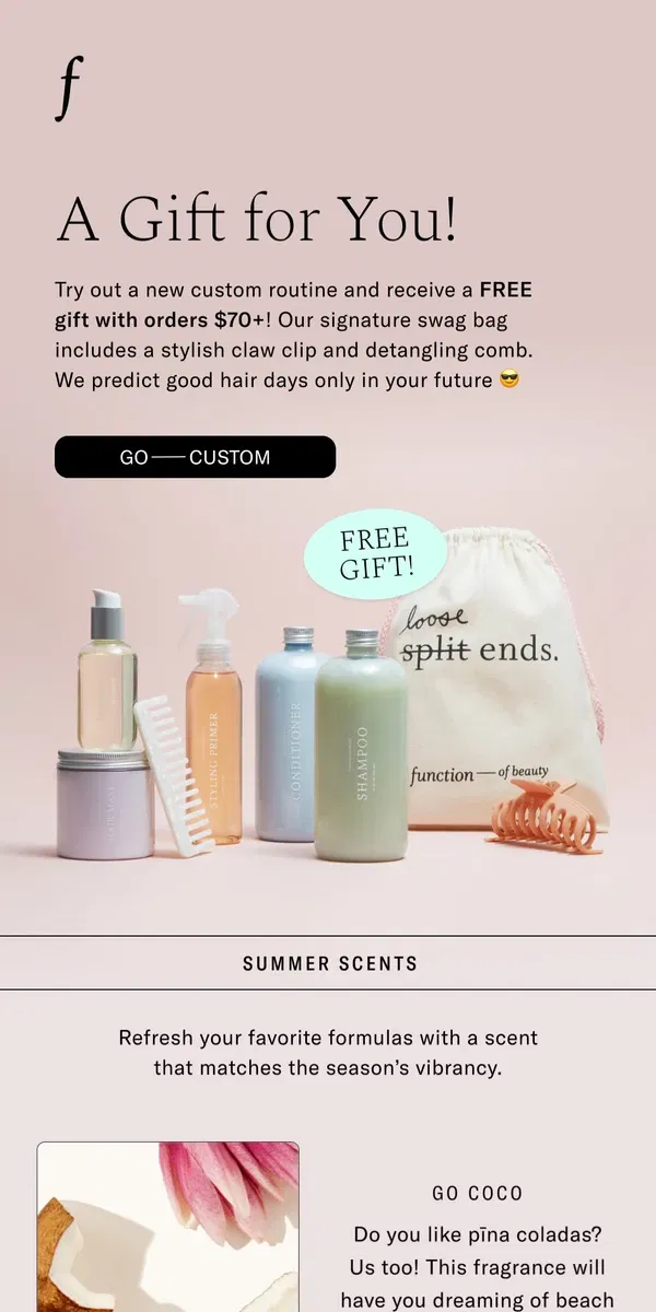 Email from Function of Beauty. Free Gift + Summer Scents 🥥 🌷