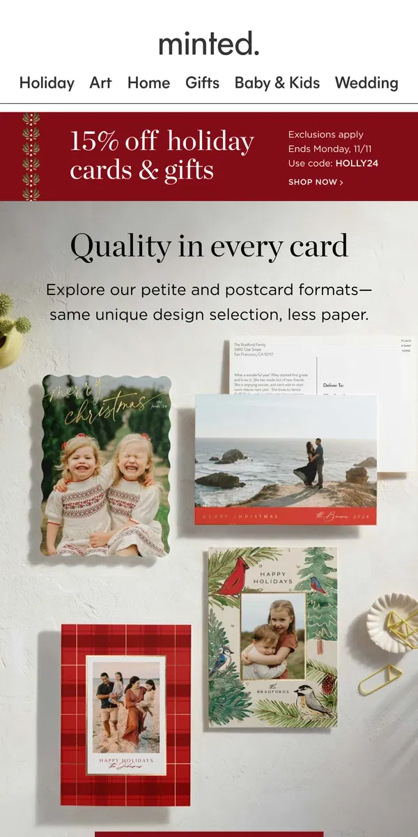 Email from Minted. 15% off budget savvy holiday cards