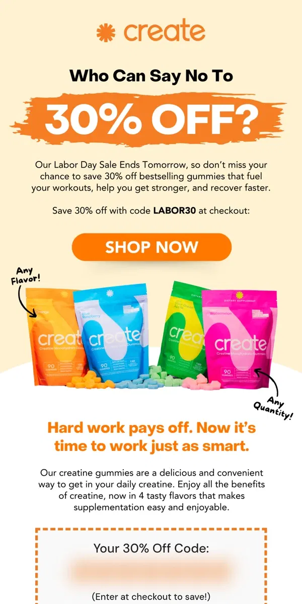 Email from Create Wellness. Who can say no to 30% off? (Ends tomorrow)