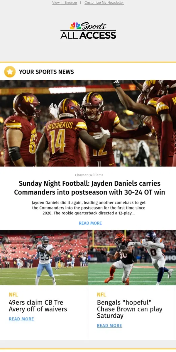 Email from NBC Sports. Jayden Daniels carries Commanders into postseason