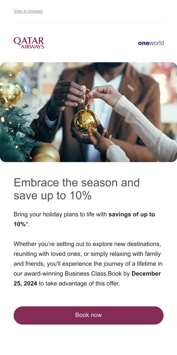 Email from Qatar Airways. Embrace the season and save up to 10%