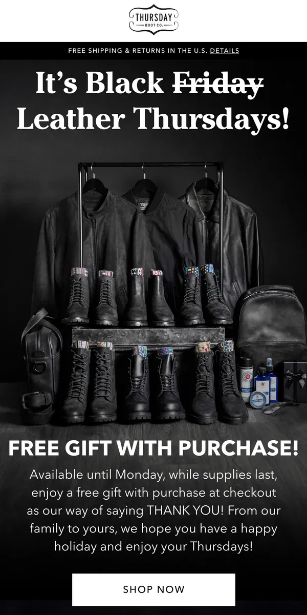 Email from Thursday Boot Company. Free Gift With Purchase! 🎁