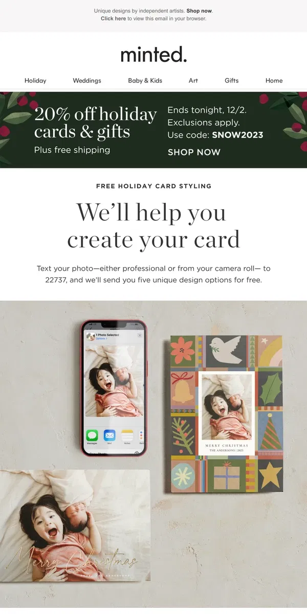 Email from Minted. Free holiday card styling