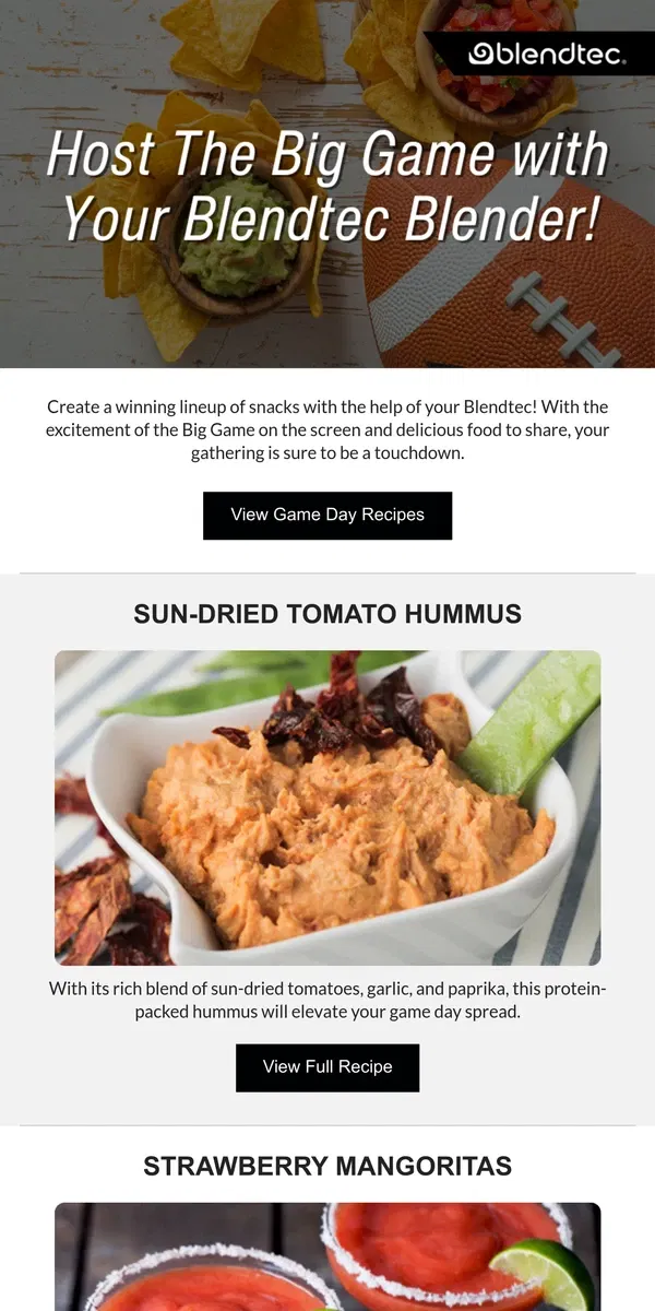 Email from Blendtec. Big Flavored Recipes for the Big Game