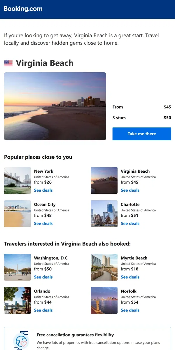 Email from Booking.com. A stay in Virginia Beach from $45 – now that's a good price!