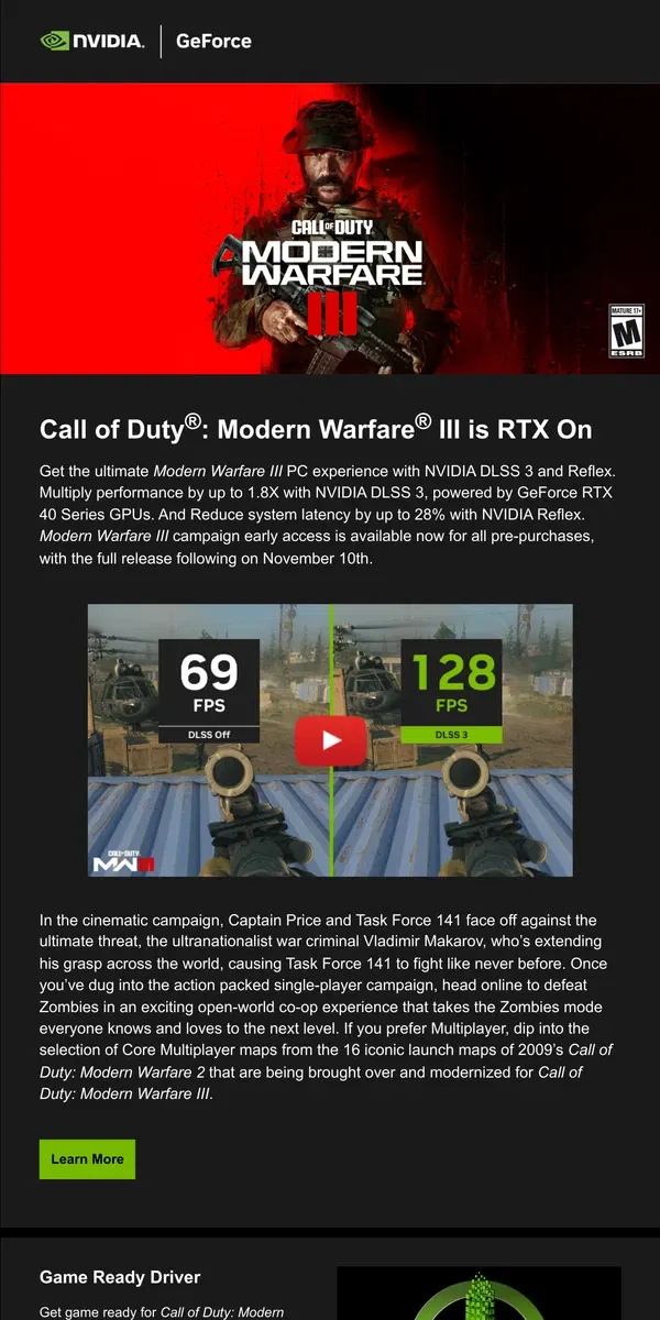 Email from NVIDIA. Call of Duty: Modern Warfare III Early Access Available Now with NVIDIA DLSS 3 & Reflex