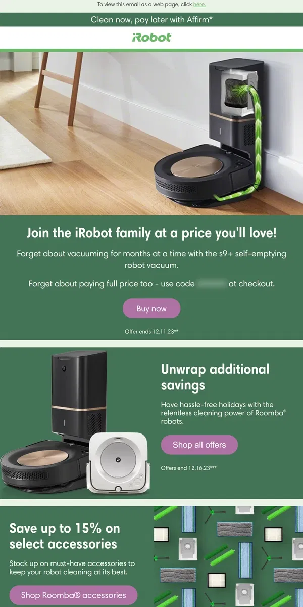 Email from iRobot. Surprise! $500 off the Roomba® s9+ robot vacuum.