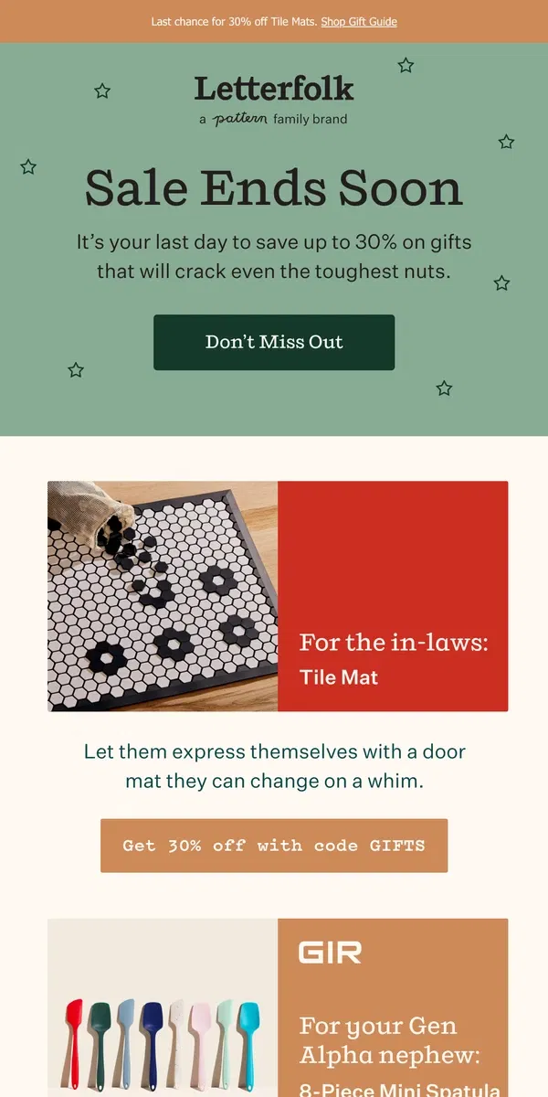 Email from Letterfolk. FINAL DAY: Up to 30% off Tile Mats & more