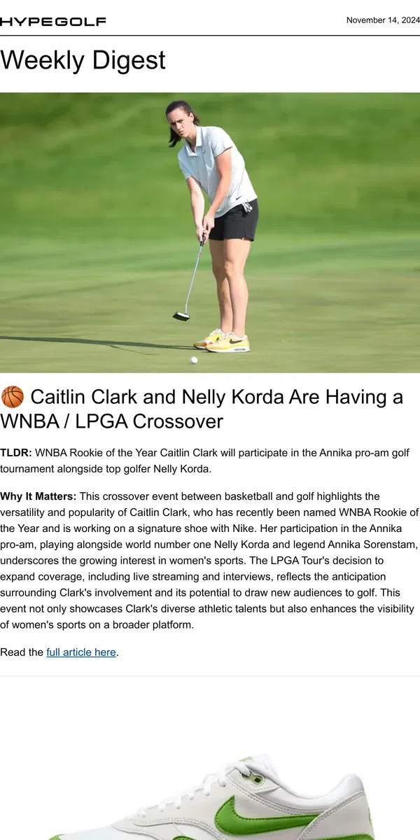 Email from Hypebeast. From Court to Course: Caitlin Clark Hits the Greens 🏌️‍♀️