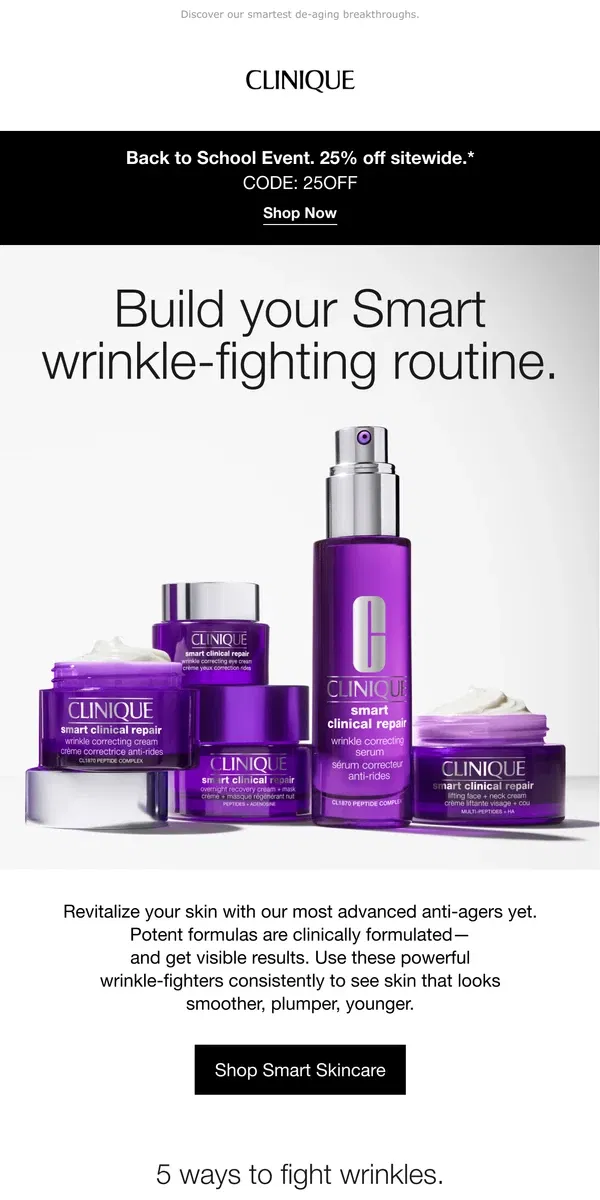 Email from Clinique. Smart ways to fight wrinkles. Enjoy 25% off.