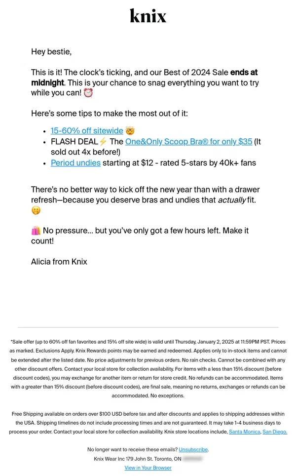 Email from Knix. FINAL HOURS 🚨 Best of 2024 Sale