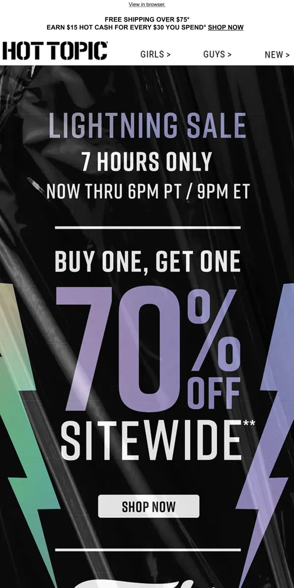 Email from Hot Topic. BOGO 70% off sitewide + Buy 1, Get 2 Free Pops! ⚡ 7 hours only