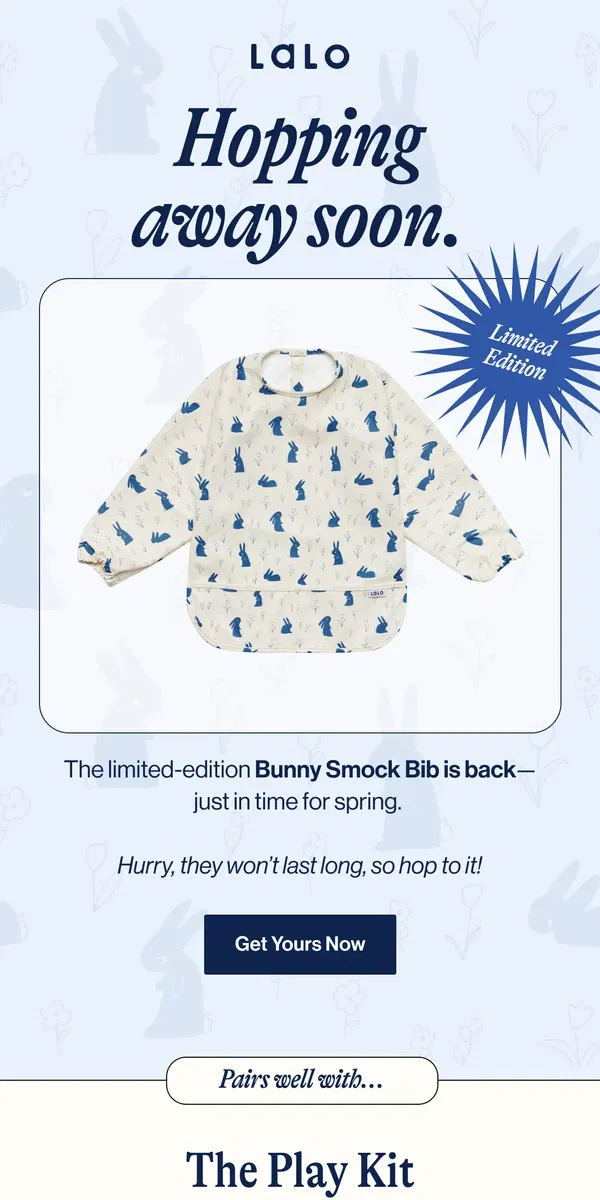 Email from Lalo. Hurry! Bunny Smock is going fast.