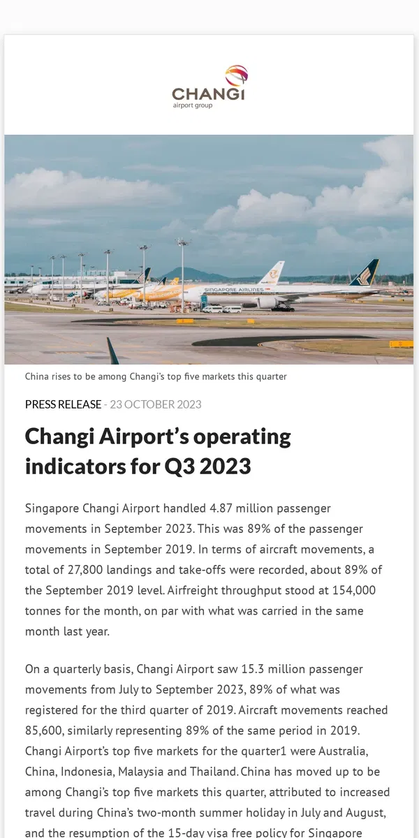 Email from Changi Airport. Changi Airport’s operating indicators for Q3 2023 