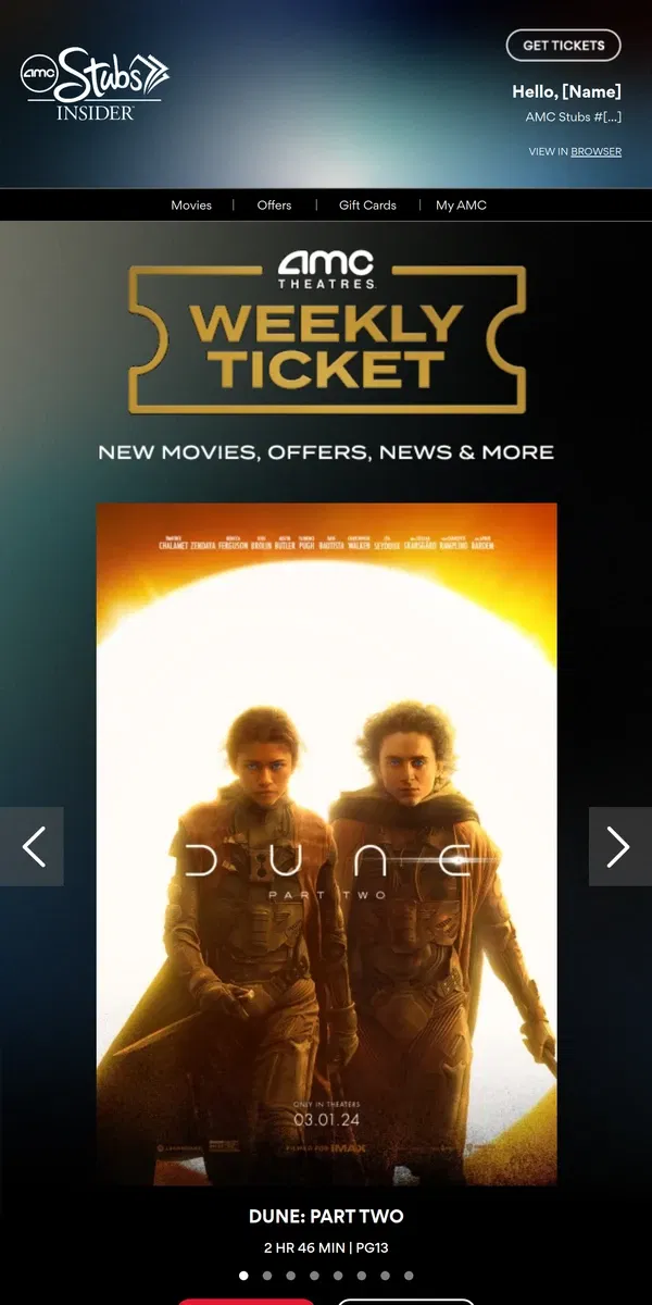 Email from AMC Theatres. [Name], Your Weekly Ticket Is Here