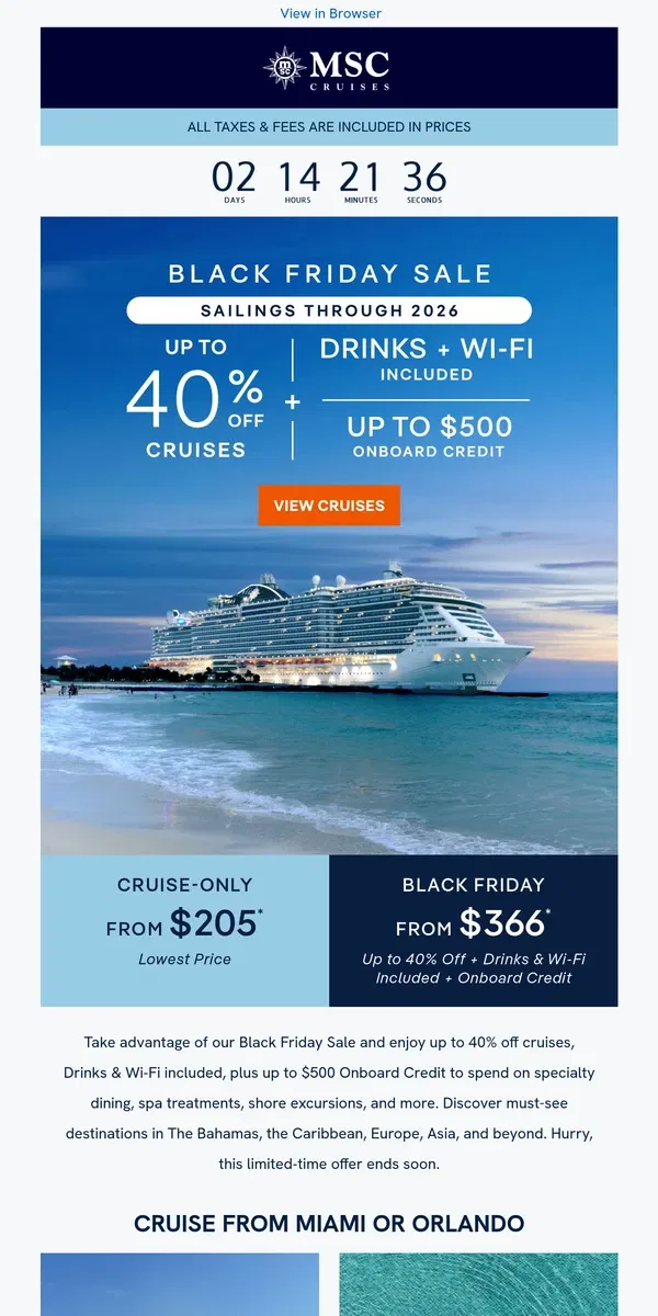 Email from MSC Cruises. Black Friday Savings Start Now!