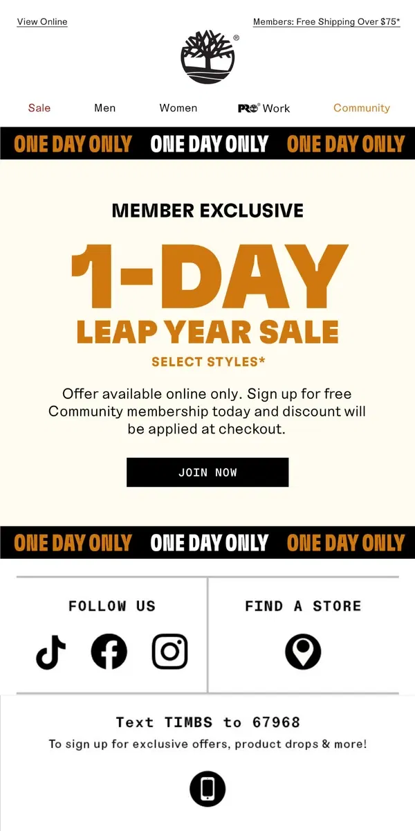 Email from Timberland. MEMBERS ONLY: LEAP YEAR ONE-DAY SALE!​