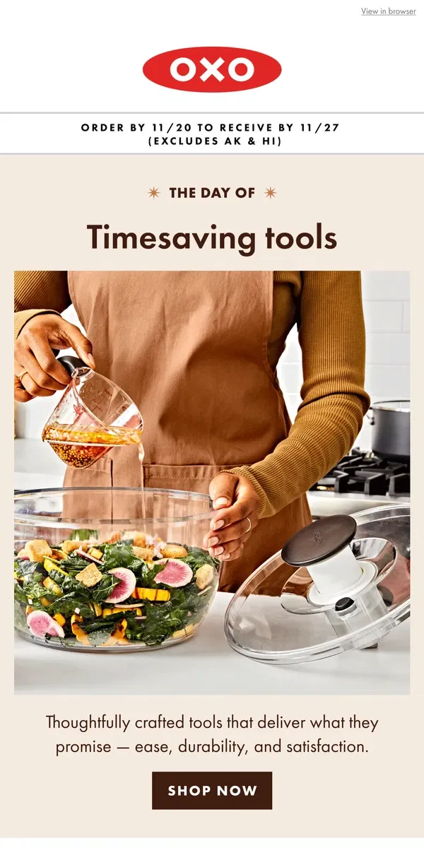 Email from OXO. Timesaving kitchen tools