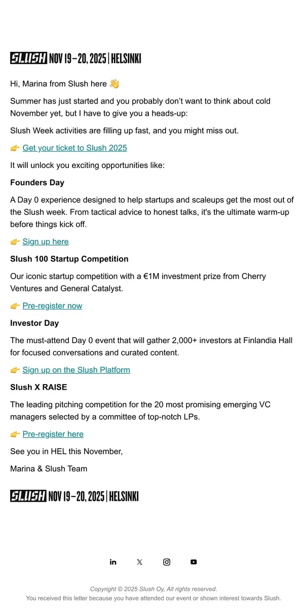 Email from Slush. Slush Week is Filling Up–Secure Your Spot