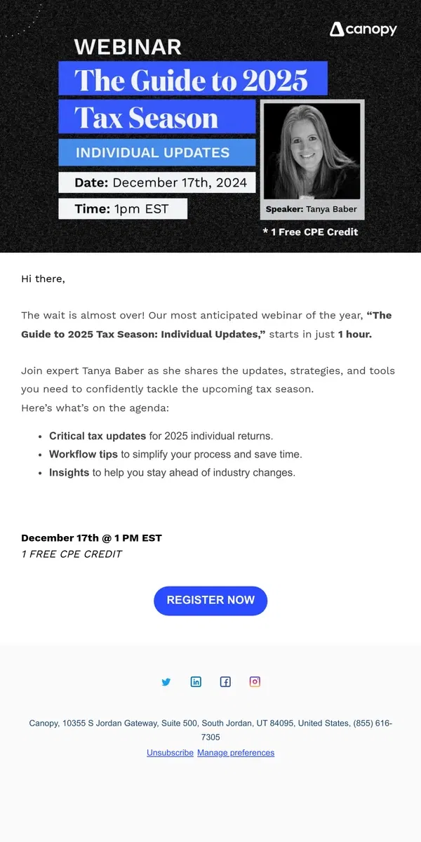 Email from Canopy. Starting Soon: Don’t Miss the 2025 Tax Season Webinar!