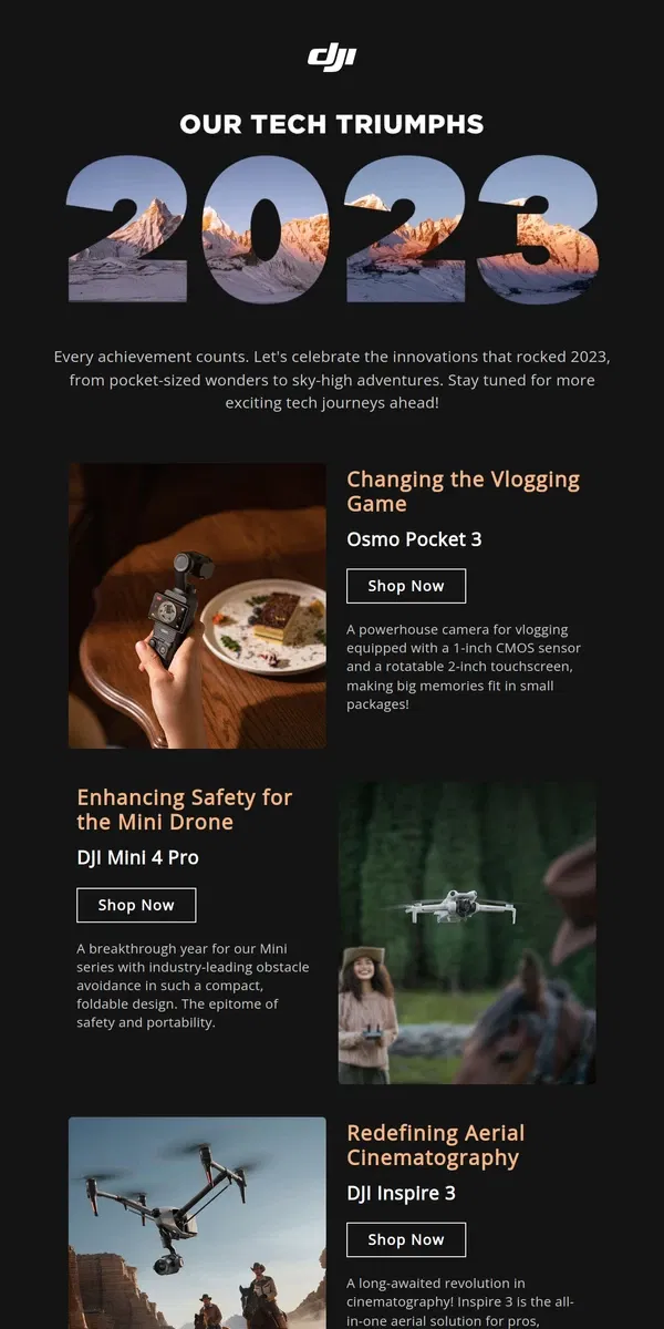 Email from DJI. OUR TECH TRIUMPHS IN 2023