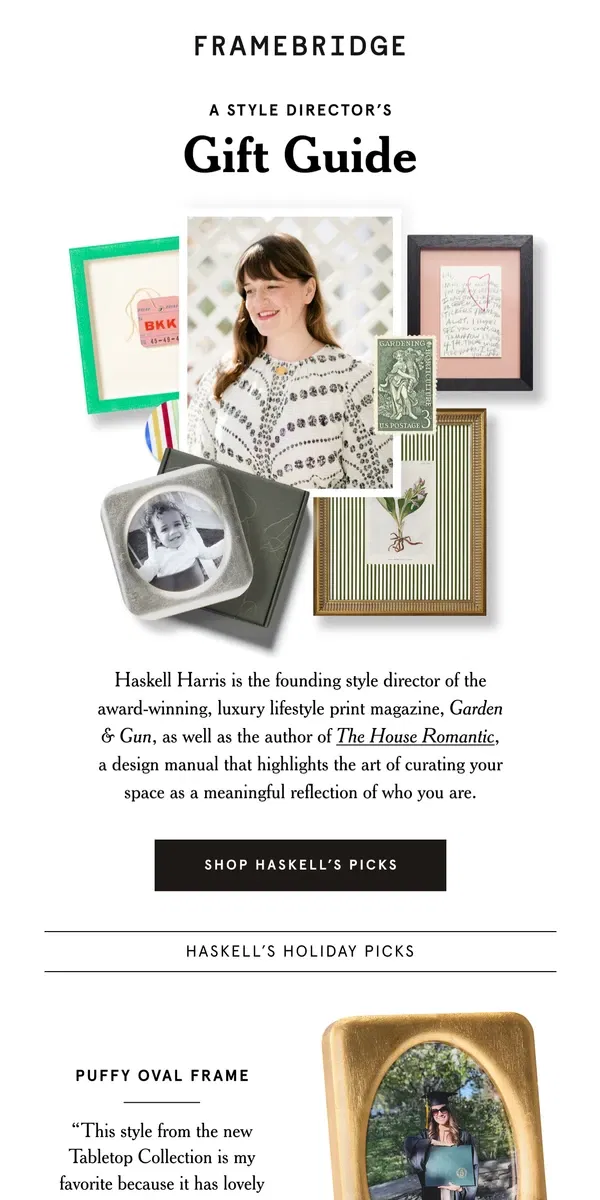 Email from Framebridge. Gift guide from a style director