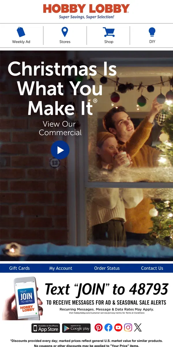 Email from Hobby Lobby. View Our Christmas Commercial 🎄